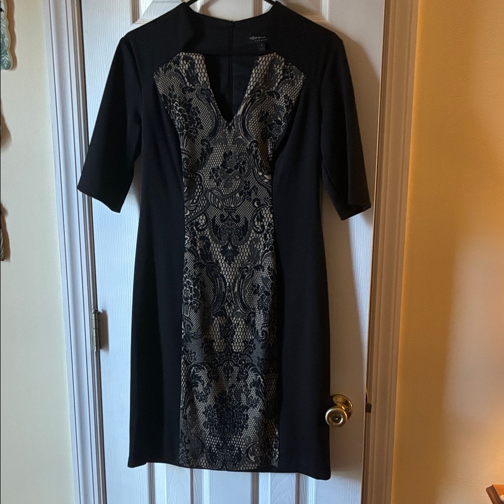 connected apparel Black Dress with Gold Lace-Pattern Panel